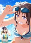  antenna_hair aqua_eyes bikini black_hair breasts brown_hair cleavage close-up cloud day ganaha_hibiki goggles grin hat high_ponytail idolmaster idolmaster_(classic) kikuchi_makoto looking_at_viewer medium_breasts multiple_girls ponytail purple_eyes sky smile straw_hat swimsuit tonegawa_ribu 