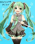  bad_id bad_pixiv_id character_name detached_sleeves green_eyes green_hair hatsune_miku head_tilt highres long_hair necktie open_mouth skirt solo spring_onion thighhighs twintails very_long_hair vocaloid yuragiyura 