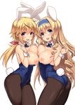  animal_ears ass asymmetrical_docking back bare_shoulders blonde_hair blue_leotard blush bow breast_press breasts bunny_ears bunnysuit cecilia_alcott charlotte_dunois drill_hair hair_bow infinite_stratos kekocha large_breasts leotard long_hair looking_at_viewer multiple_girls nipples pantyhose ponytail purple_eyes smile very_long_hair wrist_cuffs 