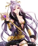  breasts cleavage kakusei_avenger long_hair medium_breasts ojyou purple_eyes purple_hair solo staff 