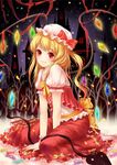  adapted_costume bat_wings blonde_hair bow candy castle cha_chazi flandre_scarlet food forest glowing glowing_wings hat hat_ribbon laevatein looking_at_viewer nature puffy_sleeves red_eyes ribbon scarlet_devil_mansion shirt short_hair short_sleeves side_ponytail sitting skirt skirt_set smile solo touhou vest wariza wings 