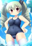  anchovy beach breasts brown_eyes coconut_tree drill_hair girls_und_panzer hair_ribbon long_hair medium_breasts one-piece_swimsuit outdoors palm_tree ribbon school_swimsuit smile solo swimsuit tareme tatuyayosi thighhighs tree twin_drills twintails water white_legwear 