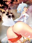  animal_ears ass bare_shoulders blush detached_sleeves excel_(shena) fundoshi inubashiri_momiji japanese_clothes no_pants open_mouth red_eyes short_hair silver_hair solo tail touhou wolf_ears wolf_tail 