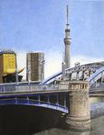  arch_bridge bridge building city cityscape colored_pencil_(medium) dated day hayashi_ryouta landmark no_humans original real_world_location river scenery signature tokyo_(city) tokyo_sky_tree traditional_media 