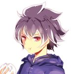 :t baozi black_hair eating food hood hoodie male_focus portrait red_eyes simple_background solo warioware white_background young_cricket 