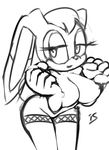  big_breasts breasts erect_nipples female hair half-closed_eyes is is_(artist) lagomorph legwear line_art long_ears looking_at_viewer low_res mammal monochrome nipples nude rabbit raised_hand sega smile solo sonic_(series) stockings vanilla_the_rabbit 