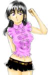  alternate_costume belt black_hair black_skirt blush cosplay diane_(nanatsu_no_taizai) earrings elizabeth_liones elizabeth_liones_(cosplay) highres jewelry kaicyokiller long_hair looking_at_viewer midriff nanatsu_no_taizai navel purple_eyes serious shirt simple_background sketch skirt solo white_background 