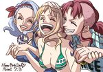  ^_^ bangle bellemere bikini_top blue_hair bracelet breasts character_name cleavage closed_eyes earrings family grin hairband happy happy_birthday heart holding_hands jewelry kyakya long_hair medium_breasts mohawk mother_and_daughter multiple_girls nami_(one_piece) nojiko one_piece orange_hair red_hair smile tattoo 