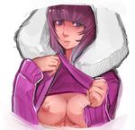  blue_eyes breasts clothes_lift fur_coat hood ice_climber large_breasts lips nana_(ice_climber) nipples no_bra nose purple_hair sho-n-d solo super_smash_bros. sweater sweater_lift upper_body 