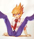  1boy 1guy :d happy legs_up male male_focus open_mouth orange_hair purple_eyes sexually_suggestive shingetsu_rei shirt smile solo white_shirt yu-gi-oh! 