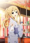  alternate_hairstyle bag bagged_fish blonde_hair festival fish goldfish goldfish_scooping japanese_clothes k-on! kimono kisuke_(akutamu) kotobuki_tsumugi long_hair looking_at_viewer obi pointing ponytail purple_eyes sash smile solo summer summer_festival yukata 