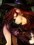  apt blood breast_hold breasts brown_eyes cleavage cuts detached_sleeves dragon's_crown hair_over_one_eye hat highres huge_breasts injury long_hair orange_hair skirt solo sorceress_(dragon's_crown) staff torn_clothes torn_hat torn_skirt witch_hat 