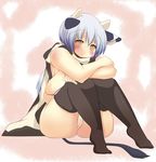  1girl animal_ears bare_shoulders bikini_top black_legwear black_thighhighs blue_hair bottomless breasts cape character_request cow_ears cow_girl cow_horns cow_tail female highres horns hotaru-mia huge_breasts long_hair looking_at_viewer mimisuke_(mim&#039;im) mimisuke_(mim'im) on_ground original pussy sitting solo swimsuit tail thighhighs uncensored wide_hips yellow_eyes 