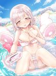  bikini danganronpa flipped_hair food hair_ornament handheld_game_console innertube kamiya_zuzu messy nanami_chiaki open_mouth outstretched_arm pink_eyes pink_hair playstation_vita pool popsicle saliva short_hair solo super_danganronpa_2 swimsuit water 