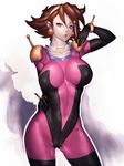  1girl ass_visible_through_thighs blue_eyes bodysuit breasts brown_hair cameltoe covered_navel covered_nipples fumio_(rsqkr) g_gundam gundam hand_on_own_hip large_breasts looking_at_viewer mobile_trace_suit narrow_waist pink_bodysuit rain_mikamura short_hair skin_tight solo wide_hips 