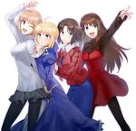  ahoge aozaki_aoko arcueid_brunestud artoria_pendragon_(all) black_legwear blonde_hair blue_eyes brown_eyes brown_hair fate/stay_night fate_(series) green_eyes japanese_clothes kara_no_kyoukai kimono long_hair mahou_tsukai_no_yoru miniskirt multiple_girls nekotawawa pantyhose red_eyes ryougi_shiki saber short_hair skirt tsukihime tsukihime_(remake) type-moon 