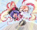  arm_up ascot capelet hat hat_ribbon long_sleeves looking_at_viewer microphone music nagae_iku open_mouth outstretched_arm perspective purple_eyes purple_hair ribbon shawl shinapuu shirt singing skirt smile solo touhou 