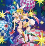  ahoge bell bell_collar blonde_hair blue_eyes blue_hair bra bunny_tail cat_tail collar garter_straps gloves hair_ornament hair_ribbon hairclip hatsune_miku high_heels highres jingle_bell kagamine_rin long_hair multiple_girls open_mouth panties ribbon shoes short_hair smile tail thighhighs twintails underwear underwear_only very_long_hair vocaloid yamori_(stom) 