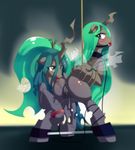  black_body blue_eyes bondage bound changeling collar crown duo female feral freedomthai friendship_is_magic gag green_eyes green_hair hair horn leash lesbian licking my_little_pony pussy queen_chrysalis_(mlp) rope spreader_bar tongue tongue_out wet wings 