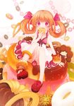  angel_french bow curly_hair doughnut dress eating fang food food_as_clothes food_on_body food_themed_clothes french_cruller hair_bow hair_rings koto_(colorcube) mary_janes mister_donut no_socks open_mouth orange_hair original oversized_object pink_eyes red_eyes red_footwear shoe_bow shoes sleeveless sleeveless_dress solo twintails 