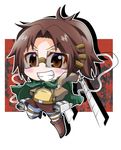  belt blush boots brown_eyes brown_hair emblem glasses hange_zoe jacket noai_nioshi paradis_military_uniform scarf shingeki_no_kyojin short_hair solo survey_corps_(emblem) sword three-dimensional_maneuver_gear weapon 