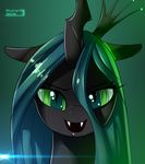  big_eyes black_body black_fur blue_hair cat_eyes changeling crown fangs female friendship_is_magic front fur green_eyes green_hair hair horn lense_flare long_hair looking_at_viewer my_little_pony portrait queen_chrysalis_(mlp) skyline19 slit_pupils smile solo two_tone_hair vampire 