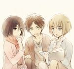  2boys armin_arlert black_hair blonde_hair brown_hair eren_yeager kuroemon mikasa_ackerman multiple_boys scarf shingeki_no_kyojin younger 