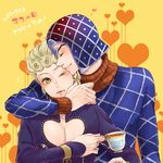  blonde_hair brown_eyes chaka0w0 cup earrings giorno_giovanna guido_mista hat hug jewelry jojo_no_kimyou_na_bouken multiple_boys one_eye_closed teacup yellow_eyes 