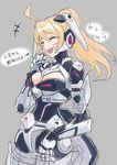  ahoge blonde_hair breasts cleavage cleavage_cutout closed_eyes laughing medium_breasts original power_armor robot_ears short_hair solo sowel_(sk3) tears translated 