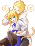  1girl ahoge anger_vein animal_ears artoria_pendragon_(all) blonde_hair casual cat_ears cat_tail earrings fate/stay_night fate_(series) fur_trim gilgamesh green_eyes ha84no hair_slicked_back heart hetero jewelry kemonomimi_mode pantyhose red_eyes saber spoken_anger_vein spoken_heart tail 