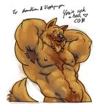  anthro armpit_hair armpits arms_behind_head biceps black_nose brown_eyes brown_fur canine captaingerbear chest_tuft dialog dog fangs flexing fur grin male mammal muscles nipples nude open_mouth pecs plain_background pose smile solo teeth text toned tuft white_background 
