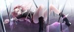  aqua_eyes blood boots bow broken_glass cross-laced_footwear danganronpa danganronpa_1 enoshima_junko glass hair_bow hair_ornament high_heel_boots high_heels highres ikusaba_mukuro lace-up_boots long_hair md5_mismatch necktie pink_hair polearm school_uniform skirt sleeves_rolled_up solo spear spoilers twintails veryberry00 weapon 