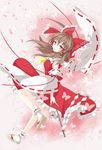  bow brown_eyes brown_hair bug butterfly detached_sleeves dress fuku_arashi gohei hair_bow hair_tubes hakurei_reimu highres insect long_hair looking_at_viewer petals smile solo touhou 