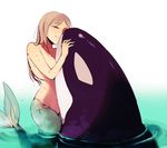  1girl ambiguous_gender blush breasts cetacean eyes_closed female feral fish i-ayuka licking light_brown_hair long_hair mammal marine mermaid monster_girl no_feet nude orca original partially_submerged shiny size_difference smile tongue tongue_out topless water wet whale 