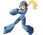  android arm_cannon blonde_hair blue_eyes genderswap genderswap_(mtf) helmet long_hair ponytail rockman rockman_(classic) rokkochan rokkochan_(game) sidelocks solo sowel_(sk3) weapon 