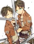  black_hair brown_hair dual_persona emblem eren_yeager green_eyes highres jacket multiple_boys paradis_military_uniform shingeki_no_kyojin sword thigh_strap tonshi training_corps_(emblem) weapon yellow_eyes 