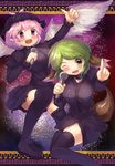  animal_ears arm_up black_legwear blush breasts choujuu_gigaku danbo_(rock_clime) dress green_eyes green_hair hat kasodani_kyouko large_breasts microphone multiple_girls mystia_lorelei one_eye_closed open_mouth pink_hair short_hair smile tail thighhighs touhou wings 