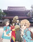  1boy 3girls absurdres bag company_connection crossover hanasaku_iroha hat highres isurugi_noe japanese_clothes kimono matsumae_ohana multiple_girls nakagami_shinichirou official_art sakai_wakana short_hair smile tari_tari true_tears v yukata 