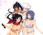  4girls asuka_(senran_kagura) bikini black_hair blue_eyes blush breasts brown_hair cleavage dark_skin food green_eyes grey_hair hair homura_(senran_kagura) large_breasts long_hair miyabi_(senran_kagura) multiple_girls ponytail senran_kagura senran_kagura_(series) short short_hair swimsuit tan tanline very_long_hair white_hair yaegashi_nan yellow_eyes yumi_(senran_kagura) 