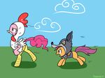  avian bird canine chasing chicken chicken's_clothing clothing costume cub cute duo equine female feral frankier77 friendship_is_magic fur hair horse mammal my_little_pony orange_fur outside pegasus pink_fur pink_hair pinkie_pie_(mlp) pony purple_eyes purple_hair scootaloo_(mlp) text wings wolf wolf's_clothing young 