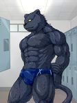  anthro biceps big_muscles black_nose bulge chest chest_tuft claws feline fur locker_room lockers male mammal muscles panther paws pecs pose solo speedo standing swimsuit toned topless tuft unknown_artist water wet yellow_eyes 