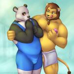  balls bear biceps big big_muscles black_nose blush bulge chubby couple duo feline front fur gay lion locker_room male mammal muscles panda pecs penis portrait pubes semi_nudity shower shy smile soap tongue topless towel wrestler wrestling_singlet wrestling_suit yellow_fur zeta-haru 