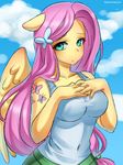  anthro anthrofied clothed clothing equine female fluttershy_(mlp) friendship_is_magic hair horse human long_hair mammal my_little_pony outside pony racoon-kun racoonkun sky solo tattoo wings yellow_skin 