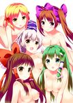  bad_id bad_pixiv_id blonde_hair bow breasts brown_eyes brown_hair frog_hair_ornament green_eyes green_hair hair_bow hair_ornament hair_tubes hakurei_reimu hat himekaidou_hatate kochiya_sanae long_hair medium_breasts mononobe_no_futo moriya_suwako multiple_girls nipples nude purple_eyes shige silver_hair simple_background smile snake_hair_ornament tate_eboshi touhou twintails white_background yellow_eyes 