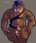  balls belly biceps big_muscles boar chest_tuft chubby dredd fur green_eyes hat looking_at_viewer male mammal musclegut muscles officer pecs penis police porcine solo tuft tusks uniform 