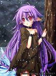  chain collar copyright_name cuffs hair_between_eyes long_hair pochadon pointy_ears purple_hair red_eyes seiten_ragnarok shackles snow solo very_long_hair 