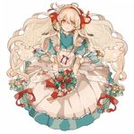  albino bad_id bad_pixiv_id bangs big_hair blue_dress bottle bouquet closed_mouth dress flower full_body hair_ribbon holding holding_bouquet jewelry kagerou_project kozakura_marry long_hair looking_at_viewer necklace puffy_short_sleeves puffy_sleeves red_eyes red_flower red_ribbon ribbon shina_000 short_sleeves simple_background smile solo v_arms very_long_hair white_background white_flower white_hair 