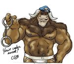  anthro biceps big_muscles bison bovine brown_fur buffalo captaingerbear cattle chest_tuft fur grin handcuffs hat horn jockstrap looking_at_viewer male mammal muscles nipples officer pecs plain_background police pose rufferstuff shackles smile solo standing teeth text topless tuft underwear uniform white_background 