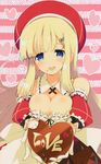  blonde_hair blue_eyes breasts chocolate chocolate_heart cleavage detached_sleeves dress english gloves hat heart highres large_breasts long_hair official_art scan senran_kagura senran_kagura_shoujo-tachi_no_shin'ei solo very_long_hair yaegashi_nan yomi_(senran_kagura) 