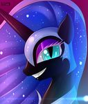  armor blue_eyes blue_hair cat_eyes equine fangs female friendship_is_magic hair helmet horn horse looking_at_viewer mammal my_little_pony nightmare_moon_(mlp) pony portrait skyline19 slit_pupils smile solo sparkles winged_unicorn wings 